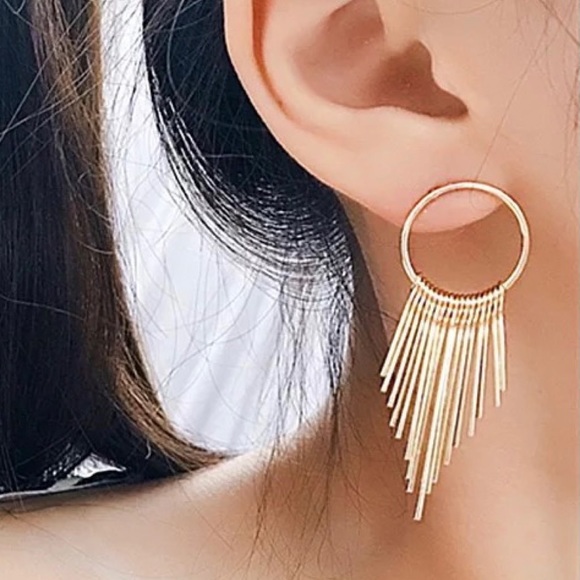 Gold Hoop Earrings Circle Ring Tassel Dangle Drop - Picture 3 of 9